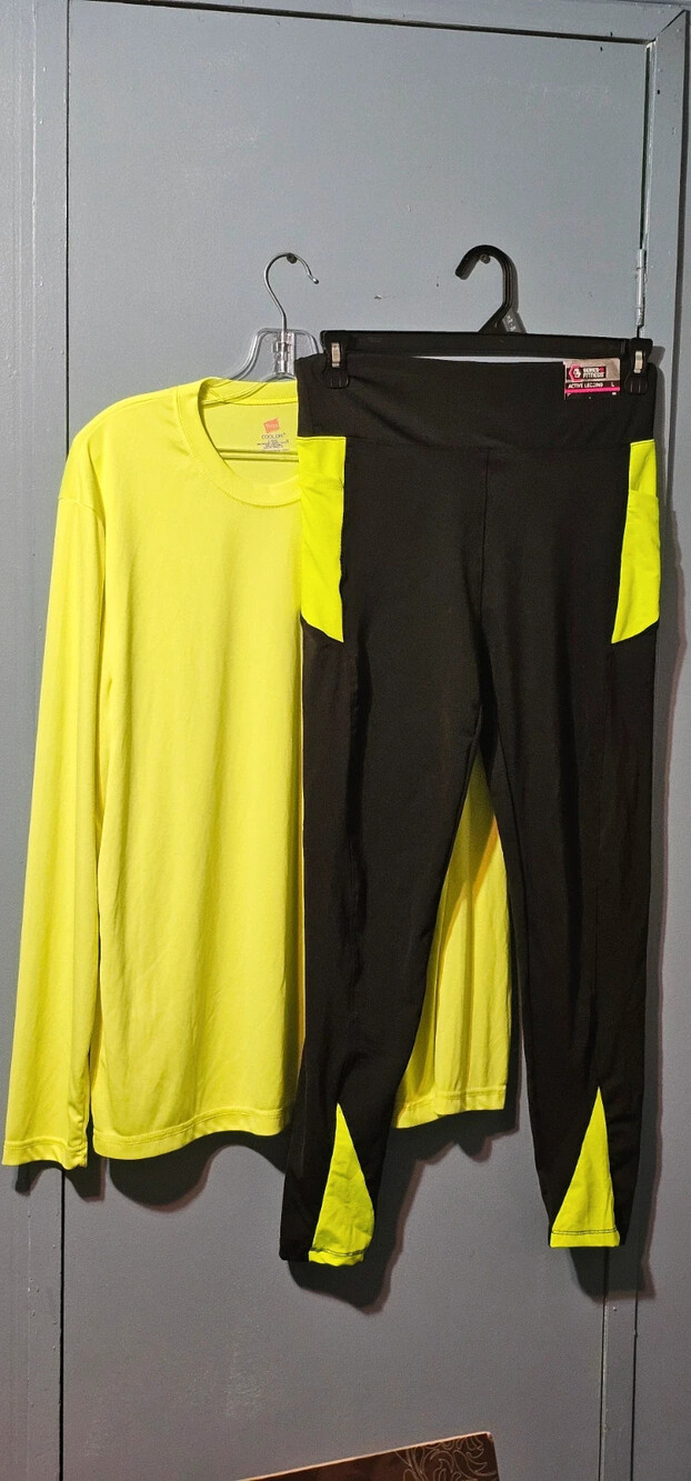 Women's L Neon Yellow Black Activewear Set Hanes Cool Dri Shirt Series-8 Legging